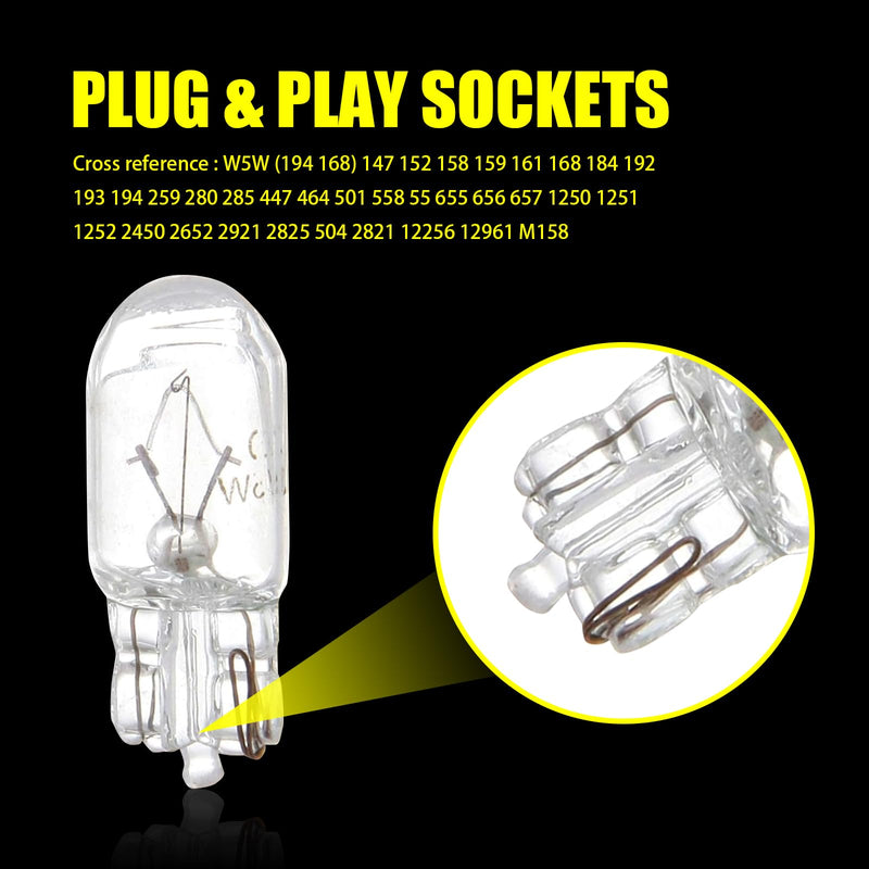 Pack-10 T10 Car Brake Lights, T10 168 192 12V 5WDouble-wire Vehicle Turn Signal Tail Light Replacements, Universal Waterproof Automotive Lighting Accessories for Truck SUV Car (White Light) 10 PCS White Light #T10
