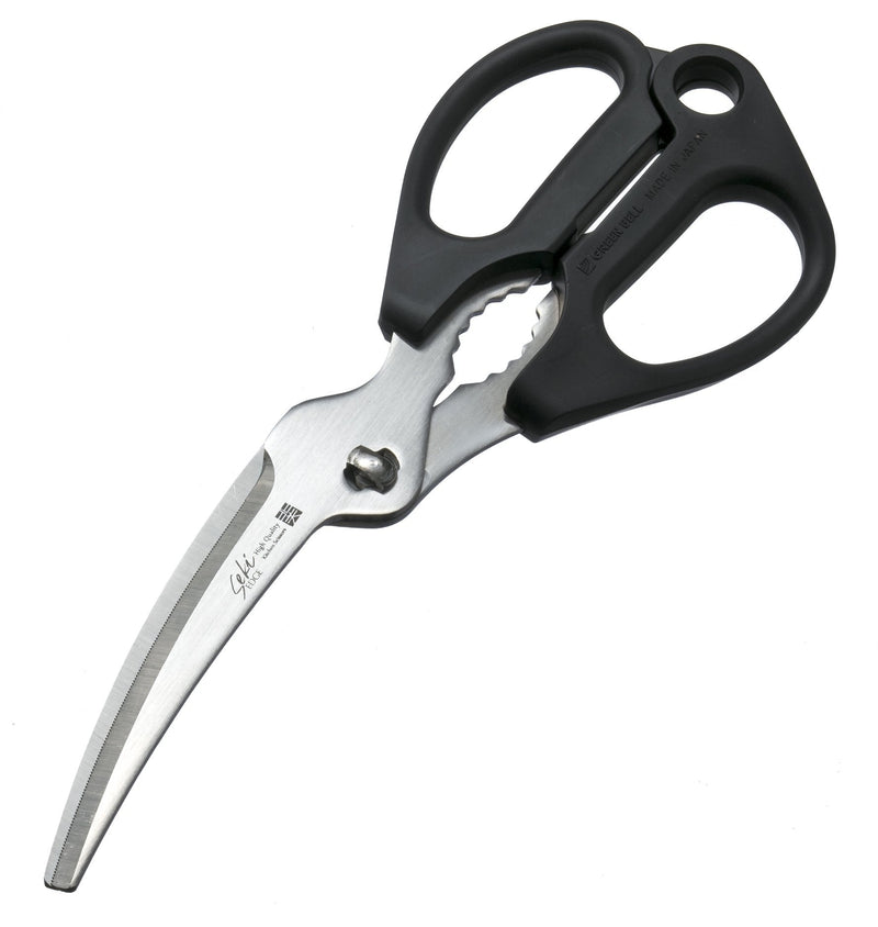 Green Bell SJ-K110 Stainless Steel Draw-Out Kitchen Scissors, Black, Made in Japan Curved Blade