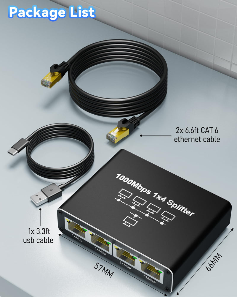 Ethernet Splitter 1 to 4, Kit with 2 LAN Cable Cat6, 1000Mbps High-Speed RJ45 LAN Splitter Adapter to Connect 4 Devices Simultaneously, USB Powered RJ45 Network Extension for Cat8/7/6/5e/5 Cable 4 Port | with 2x 6.6ft LAN Cables
