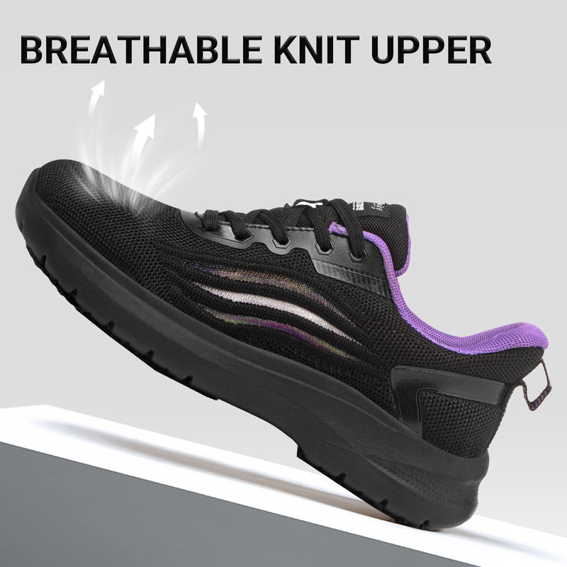 Treesky Black Non Slip Work Shoes for Women, Restaurant & Kitchen Sneakers | Slip resistant soles, lightweight cushioning, breathable knit, removable insole, for nursing, food service & long shifts 8 Black Purple