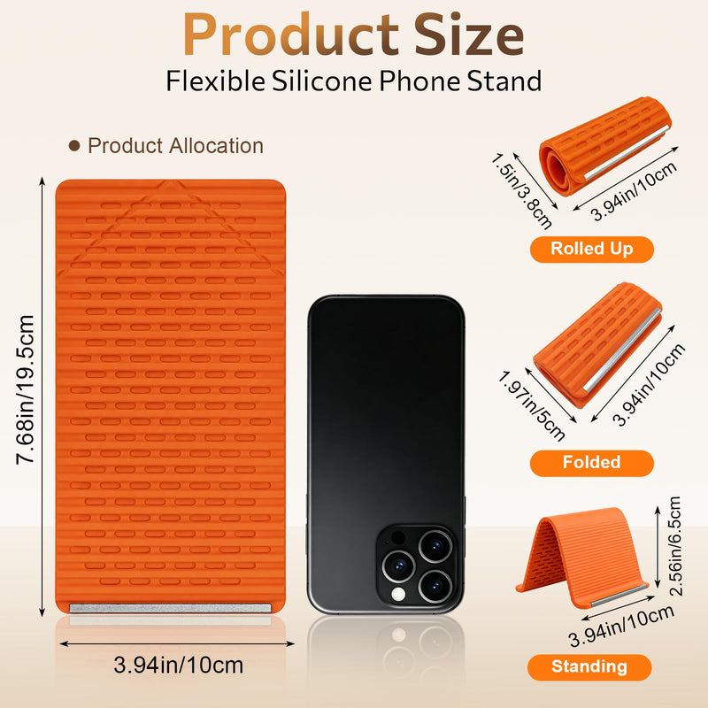 Flexible Silicone Phone Stand with Aluminum Core, Foldable Silicone Phone Holder for Cell Phones, Tablets & Small Devices, Adjustable Desktop & Airplane Phone Holder for Travel, Office & Home (Orange) Orange