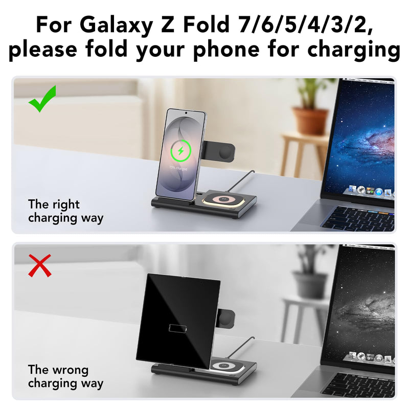 Wireless Charger for Samsung Charging Station, Foldable & Nightlight | 3 in 1 Charging Station for Samsung S26-S10/Note/Z Fold Flip8,Travel Charger for Galaxy Watch 8-1/Buds,Not for Watch 9/Ultra2 black