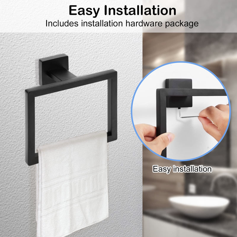 2-Piece Matte Black Square Towel Ring,Modern Hand Towel Holder for Bathroom,Stainless Steel Towel Hangers Wall-Mounted Bathroom Accessories 2 Pcs