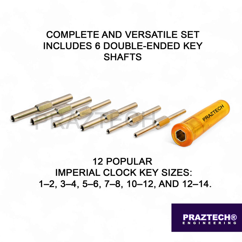 PRAZTECH® Clock Mainspring Let-Down Key Tool Kit | Includes 6 Double-Ended Chuck Rods (12 Arbor Sizes) + Ergonomic Handle | Clock Winding Arbor Release Tool for Watchmakers & Repair