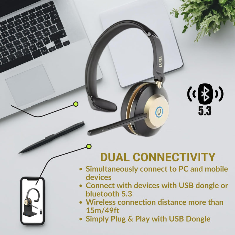 LUXEE Bluetooth Wireless Headset with Microphone for Work - Single Ear Computer Headset with USB Dongle & Charging Base, Noise Canceling Office Headset for Laptop, Zoom, Audifonos con Microfono