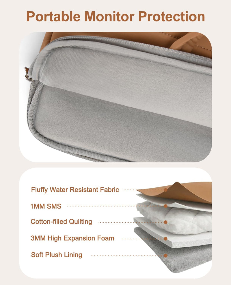Puffy 15.6 inch Portable Monitor Case Sleeve with Handle | Carrying Bag for 16.1" Travel Display Monitors, Water-Resistant Quilted Laptop Cover for Women with Accessory Pocket Brown