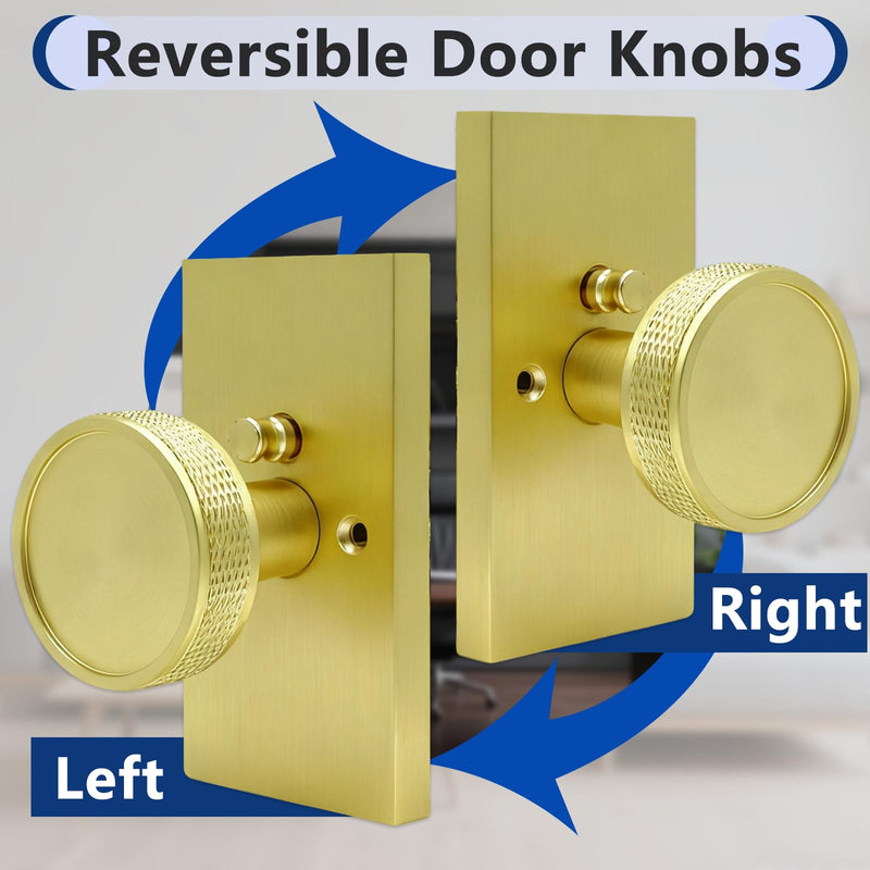 Satin Gold Door Knob for Bedroom and Bathroom Indoor Door Knobs with Lock | Solid Zinc Alloy Knurled Door Knob, Heavy Duty Door Handle with Large Backplate, Interior Modern Door Knobs Satin Gold 1