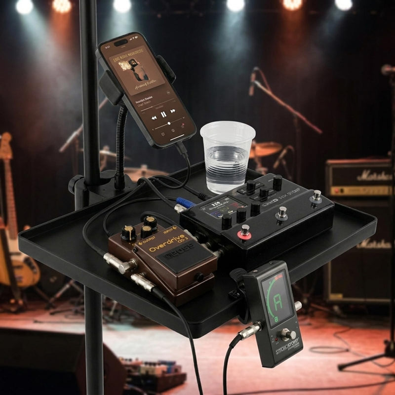 Mic Stands Tray with Phone Holder, 11" x 10.8" Large Microphone Stand Trays Shelf, Adjustable Non Slip Music Stand Accessory for Music Stand Live Streaming Karaoke, Fit 2.2-5.5 lb Mic Stands Tray with Phone Holder