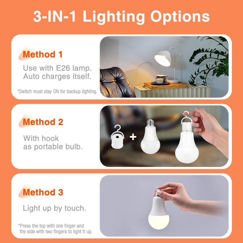 SYLVANIA LED Rechargeable Light Bulbs, A21 Battery Operated Light Bulb, 60W = 7.3W, Indoor/Outdoor Emergency Light Bulbs, 800 LMS, 3000K, Soft White, Hanging Accessories Included - 4 Pack (42687) 3000K Neutral White