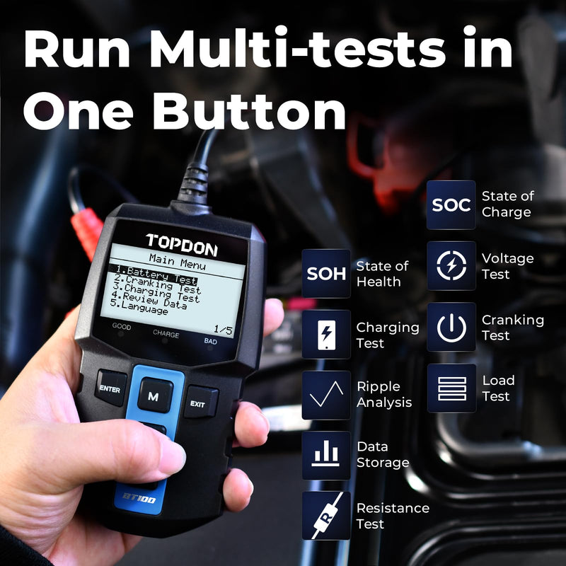  [AUSTRALIA] - TOPDON BT100 Car Battery Tester 12V Load Tester, 100-2000 CCA Automotive Alternator Tester Digital Auto Battery Analyzer Charging Cranking System Tester for Car Truck Motorcycle ATV SUV Boat Yacht