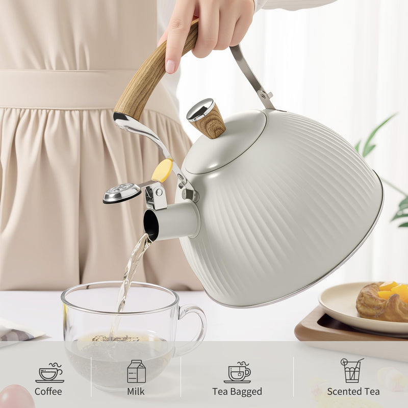 LONFFERY Tea Kettle for Stove Top, 2.5 Quart Whistling Tea Kettle, Stainless Steel and Wood Pattern Folding Handle, Creamy White