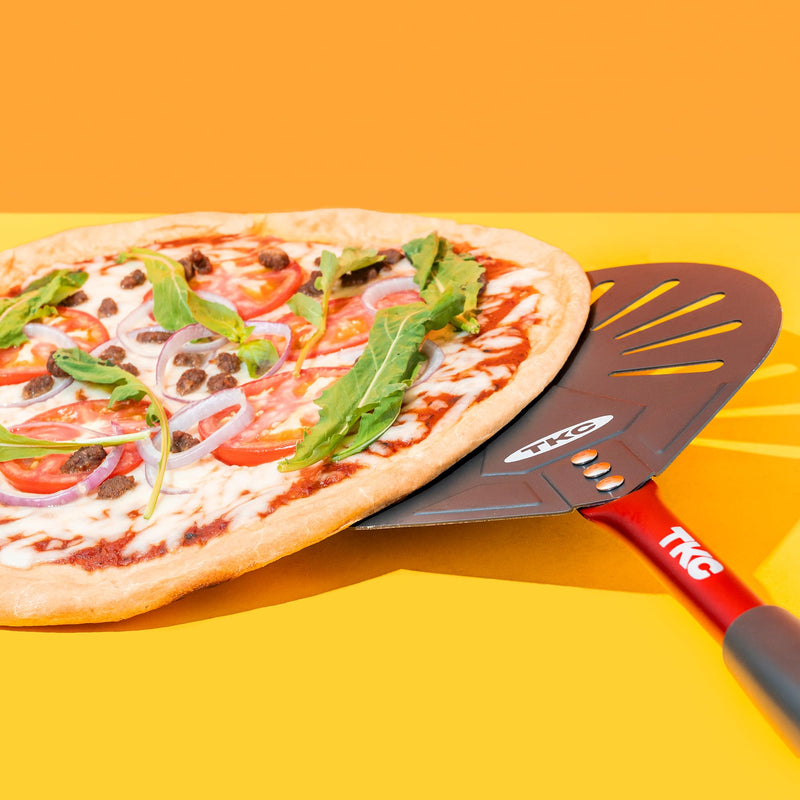 TKC 9" Perforated Pizza Peel, Professional Aluminum Pizza Turning peel, Long Handle Metal Pizza Spatula for Indoor and Outdoor, Lightweight Non-Stick Pizza Turner - Pizza Oven Accessories RED 9 Inch Red/Gray