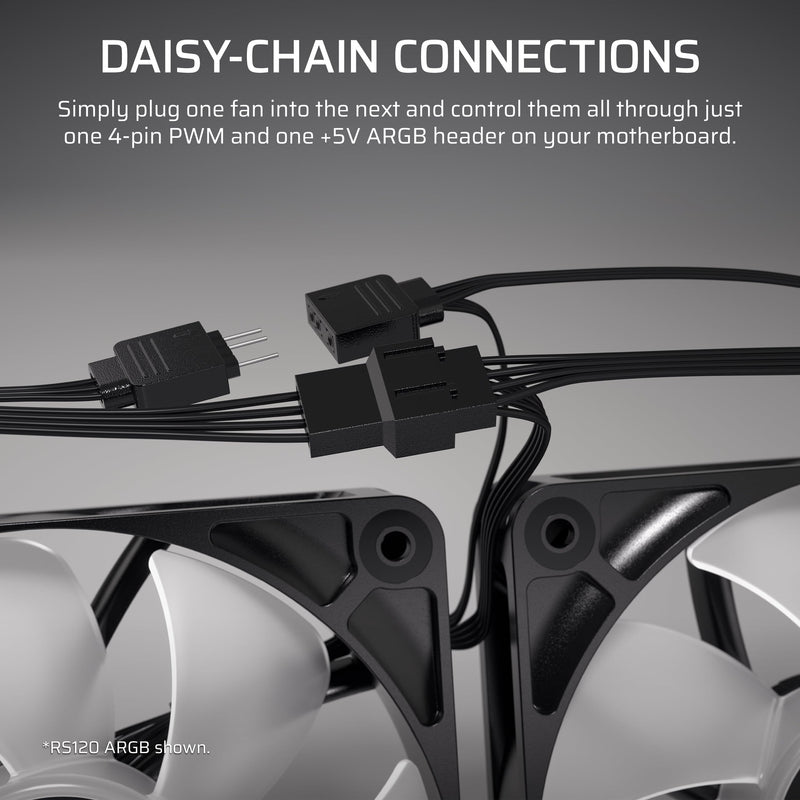 Corsair RS120-R ARGB 120mm PWM ARGB Reverse Fans – Reverse Rotor, +5V ARGB Connections, Eight RGB LEDs, High Static Pressure, Daisy-Chain, Magnetic Dome Bearing, Zero RPM Mode – Triple Pack – White