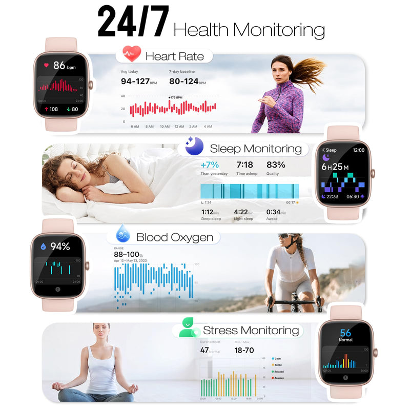 Smart Watch for Women, 1.83" HD Fitness Tracker (Answer/Make Call) with 24/7 Heart Rate/Sleep/SpO2 Monitor, IP68 Waterproof, 100+ Sport Modes Smartwatch for iPhone/Samsung/Android (Rose Pink) Rose Pink
