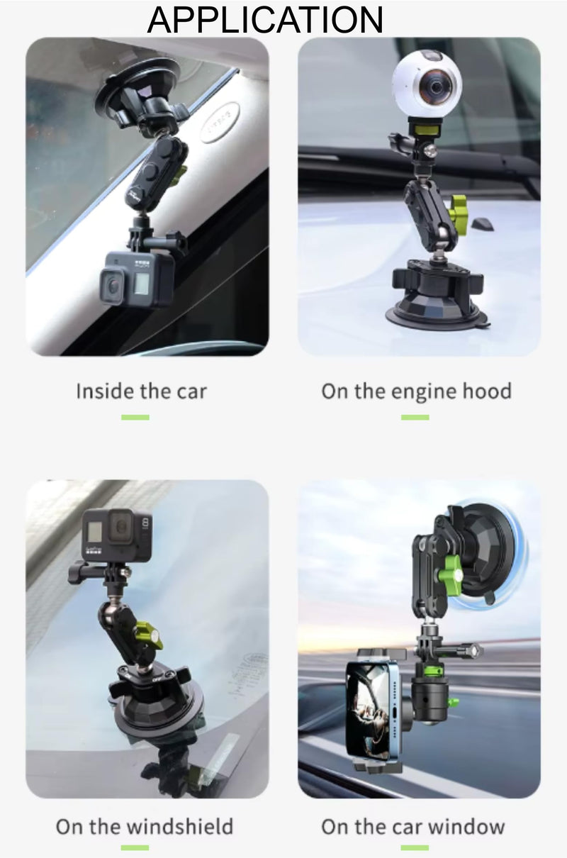 Multi-Purpose Cell Phone and Action Camera Holder for Insta360, Gopro, iPhone with Strong Suction Cup and Aluminum Alloy Double Ball arm.