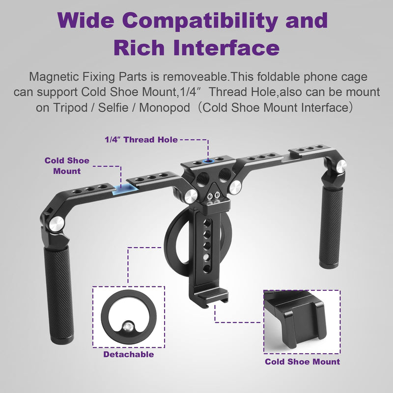 OPC01 Foldable Phone Cage Handheld Stabilizer,Foldable Magnetic Smartphone Cage with Handle and Magnetic Sticker for iPhone 17/16/15/14/13/12/11/10 Series and Andriod Phones for Photographer