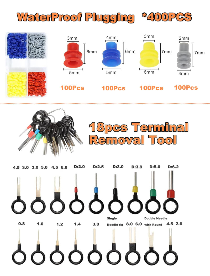 799Pcs Connector Pins Terminal Car Electrical Wire Terminal Tool 1/1.5/1.8/2.2/2.8/3.5mm Seals Automotive Motorcycle Connector Removal Male Female Crimp Pins Non-Insulated Plug Kit