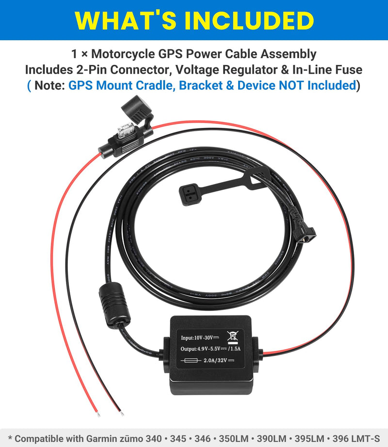 Motorcycle GPS Power Cable Compatible with Garmin Zumo 340, 345, 350LM, 390LM, 395LM & 396 LMT-S, Hardwire Power Cord Harness Replacement for Garmin 010-11843-01