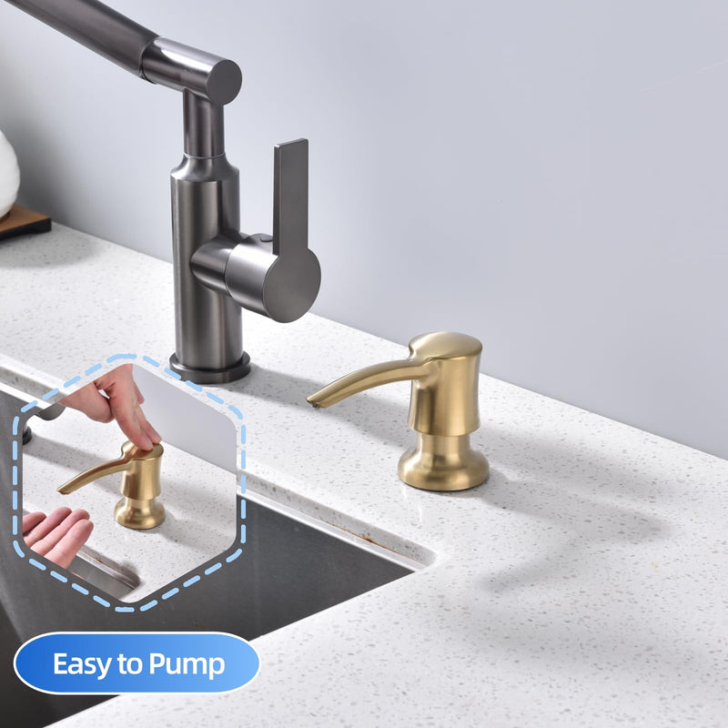 Soap Dispenser for Kitchen Sink, Built in Sink Soap Dispenser Brushed Gold 360° Swivel ABS Pump Head Champagne Gold with 11 Ounce Soap Bottle