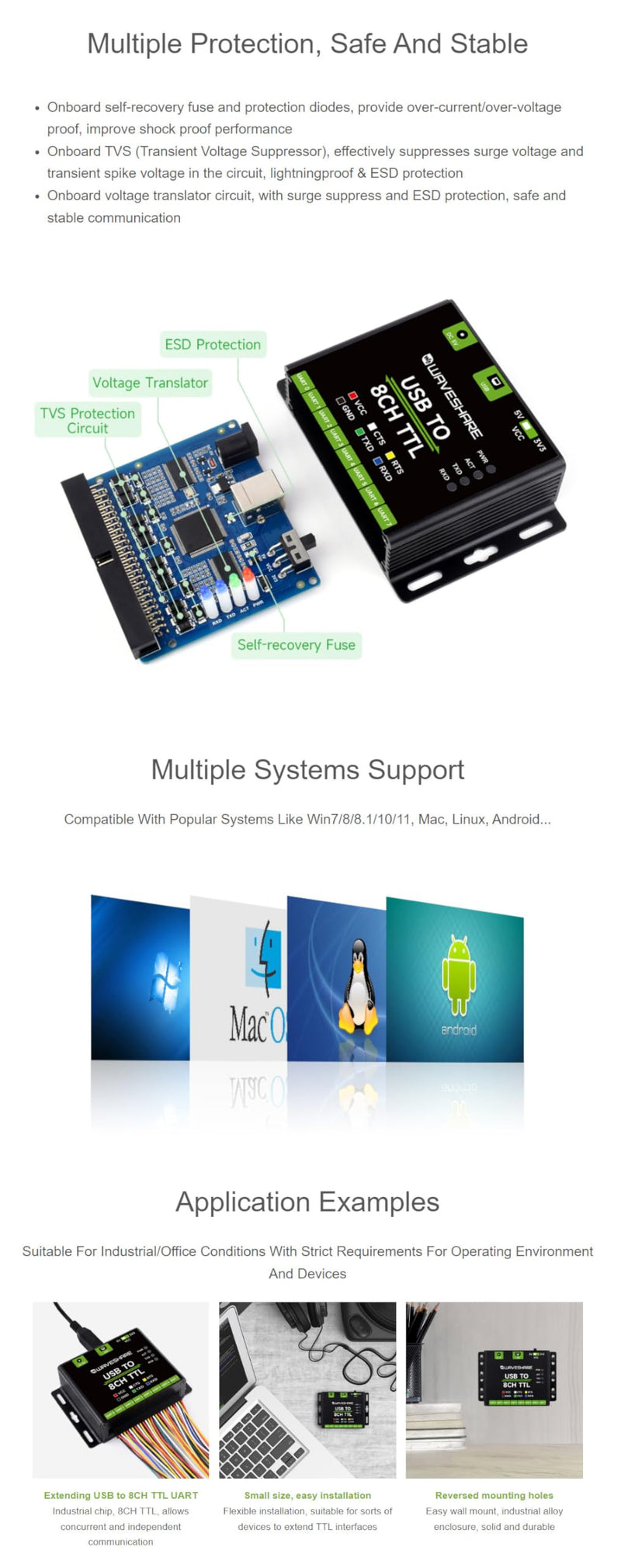 Industrial USB to 8CH TTL (UART) Converter USB to UART USB to TTL Adapter Multi Protection Circuits Multi Systems Support