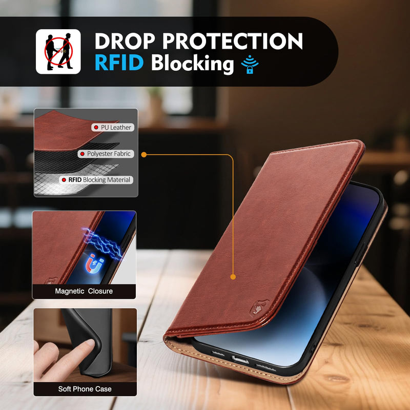 Compatible with Samsung Galaxy S25 Ultra Case Wallet with Card Holder [4 Card Slots] Kickstand [RFID Blocking] PU Leather Phone Case Flip Folio Protective Cover TPU Shockproof,Brown Brown
