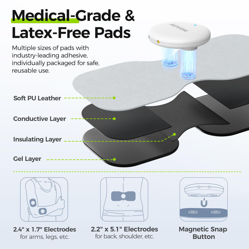 AUVON Wireless 24 Modes TENS Unit Muscle Stimulator for Pain Relief, Smart Rechargeable TENS Machine with Dual Size 6 TENS Pads for Physical Therapy, Pocket-Size TENS Device for Shoulder & Back Pain A White