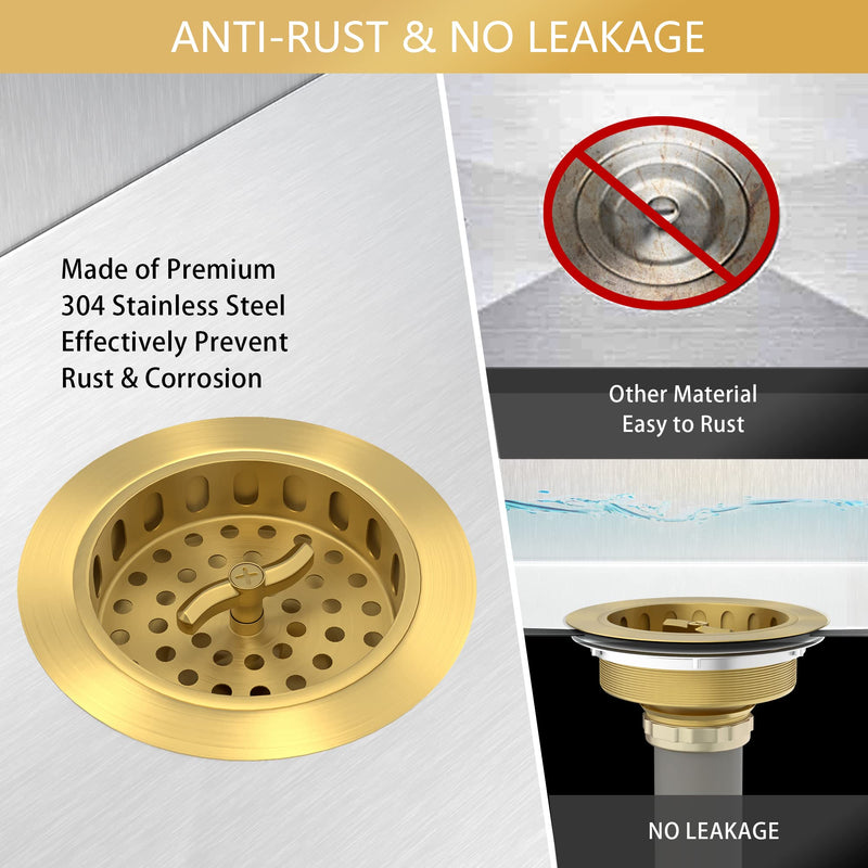 Gold Sink Drain Strainer 3-1/2 Inch Kitchen Sink Drain Assembly Kit with Stainless Steel Strainer Basket and Drain Stopper for Standard Kitchen Sink Brushed Gold