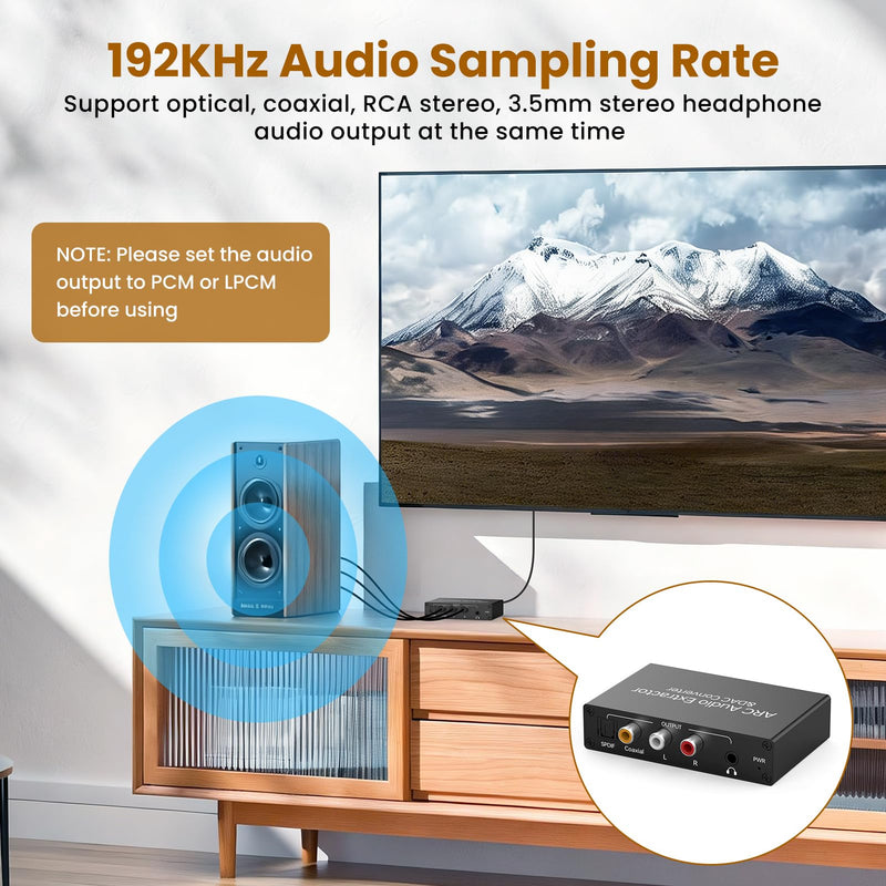 HDMI ARC Audio Extractor Adapter,Digital Coaxial Optical to Analog 192Khz R/L RCA 3.5mm Headphone DAC Converter,ARC Port on HDTV/Projector/Speaker/Amplifier/Headphones