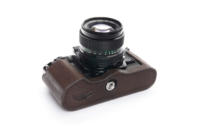 A-1 Case, BolinUS Handmade Genuine Real Leather Half Camera Case Bag Cover for Canon New AE-1 AE-1P A-1 (with Handle) Camera with Hand Strap (Coffee) Coffee