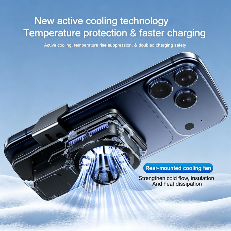 Cooling Charging Car Phone Holder, Smart Car Vent Phone Stand With Induction Auto-Clamping, 15W Wireless Car Charger Mount with RGB Ambient Light, Car Vent Phone Bracket with Cooling Fan for iPhone Black