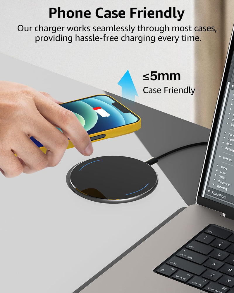 TOZO W1 Max 15W Fast Wireless Charging, Anti-Slip, Sleep-Friendly | Aircraft-Aluminum Portable Wireless Charger Pad Compatible with iPhone 14/15/16/17 & Samsung S23/S24/S25 for Home Ink Black