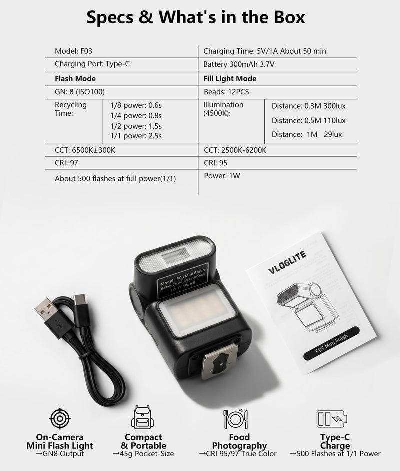 LOUERN Mini Camera Flash Speedlite with Video Light, GN8 On-Camera Flash, 4 Power Levels, 90 Angle Adjustable, Single-Contact Hot Shoe Flash for Sony/Canon/Nikon/Fuji/Pentax DSLR Mirrorless