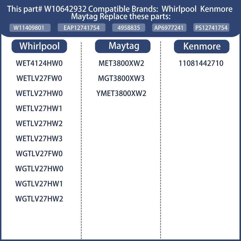 W10642932 W11409801 Dryer Timer Compatible with whirlpool Dryer WETLV27FW0 Kenmore Maytag YMET3800XW2 MET3800XW2 YMET3800XW2, 115V, 60Hz, 1/59.4 RPM Replacement part 4958835 AP6977241 PS12741754 W10642932