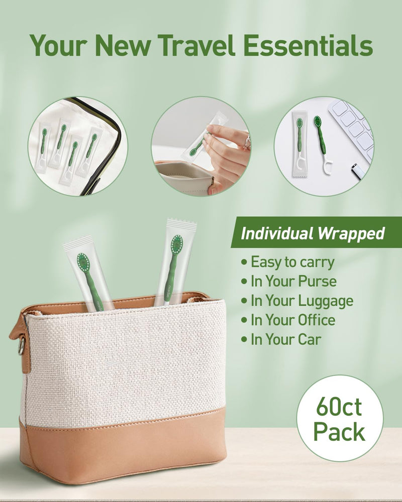 Disposable Mini Travel Toothbrush Bulk with Toothpaste 5in1 60Ct Portable Toothbrushes Set Floss Pick Tongue Scraper Cruise and Travel Essentials (Green) Green