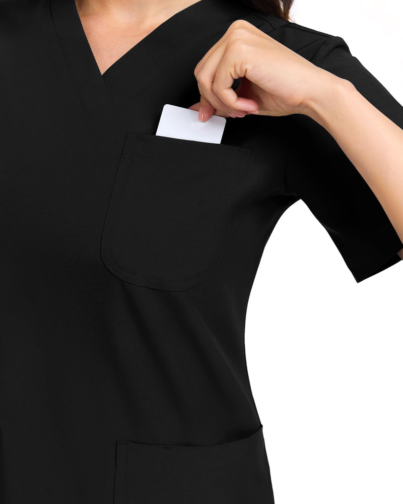 COMENII Scrubs for Women Set, V-Neck Top & Straight Leg Pants with 11 Pockets, Stretch Comfortable Womens Scrub Sets Regular 30" Medium Black