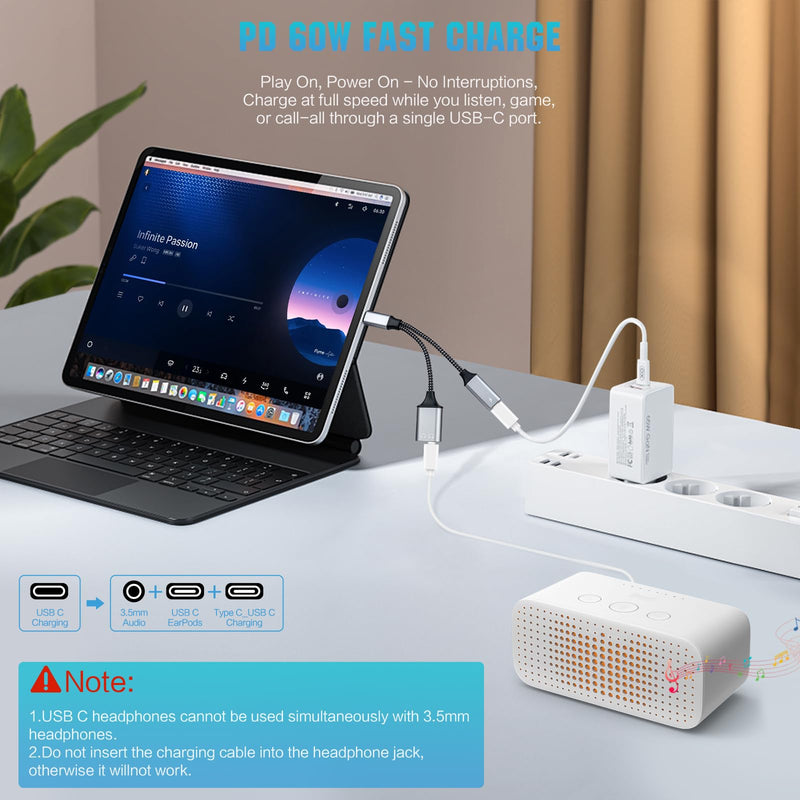 USB-C to 3.5mm Headphone Adapter, Supports 60W PD Fast Charging, 3-in-1 Type-C to AUX, Type-C Audio Interface and USB-C Charging, Hi-Fi DAC Sound Quality, Compatible with iPhone 15 and Samsung S24.
