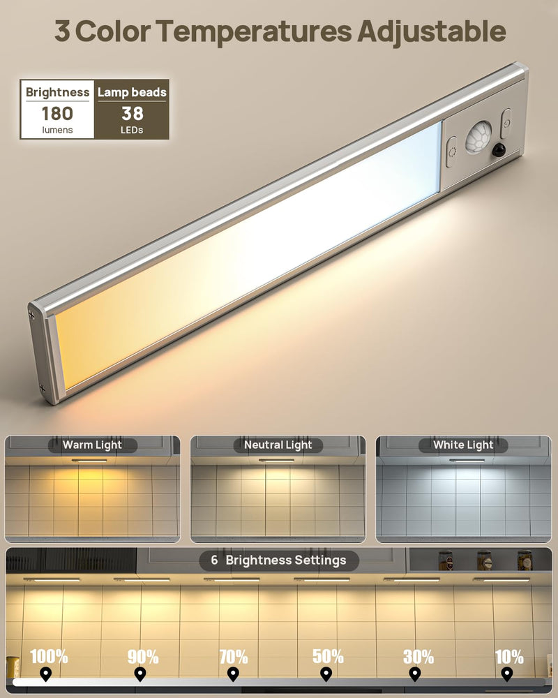 Under Cabinet Lighting with Remote Control,USB Rechargeable 180 Lumen LED Motion Sensor Light Indoor,Wireless Under Counter Light,3 Color Dimmable Closet Light for Bedroom,Wardrobe,Stairs,4 Pack White-9 Inch 4 Pack
