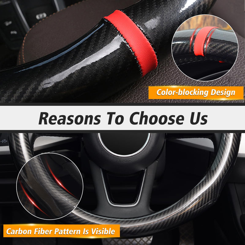 ZHOL 16 inch Steering Wheel Cover Carbon Fiber, Compatible Large-Size for F150 F250 F350 Ram 4Runner Tacoma Tundra Range Rover Model Car Accessories for Women Men Black Large Size[15.5"-16"]
