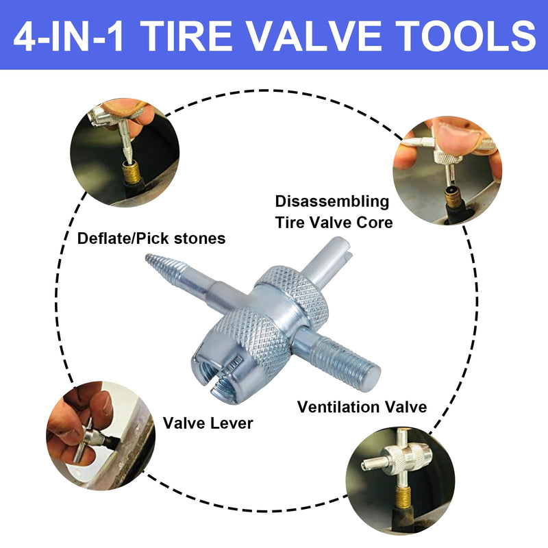 Quick Change Tire Valve Tool Kit,Tire Valve Stem Core Quickly Replacement Tool Kit,Perfect Tool for Replacing Leaky Valves in Cars,ATVs,Trucks,Motorcycles, etc.with 5 TR413 Valve,4-Way Valve Tool Set A