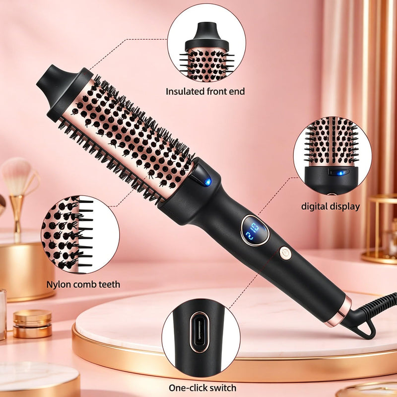  [AUSTRALIA] - Thermal Hair Brush, 38MM Heated Round Brush for Long Dry Hair, Curling Iron & Straightener, 3 Temperature Settings up to 210°C, 30s Fast Heating, Anti-Scald Nylon Bristles