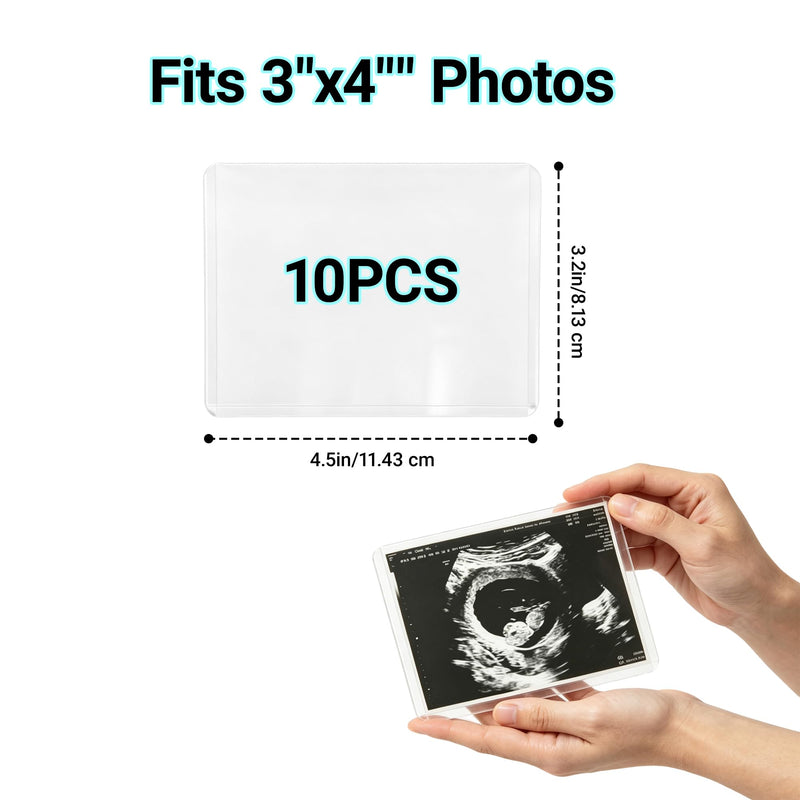 10 Pack 3x4 Inch Ultrasound Photo Protector Sleeves, Side Loading Rigid PVC Sonogram Picture Holders, Cold No Heat Laminating Sheets, Pregnancy Journal Keepsake Accessories, Clear Photo Protectors