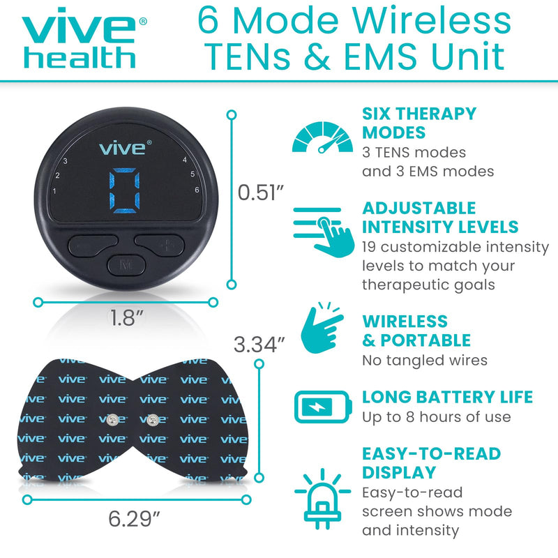 Vive 6 Mode Wireless Tens Unit - Muscle Stimulator for Pain Relief Therapy and Muscle Recovery - Portable, Cordless TENS & EMS Machine with 2 Electrode Pads, LED Display & Adjustable Intensities