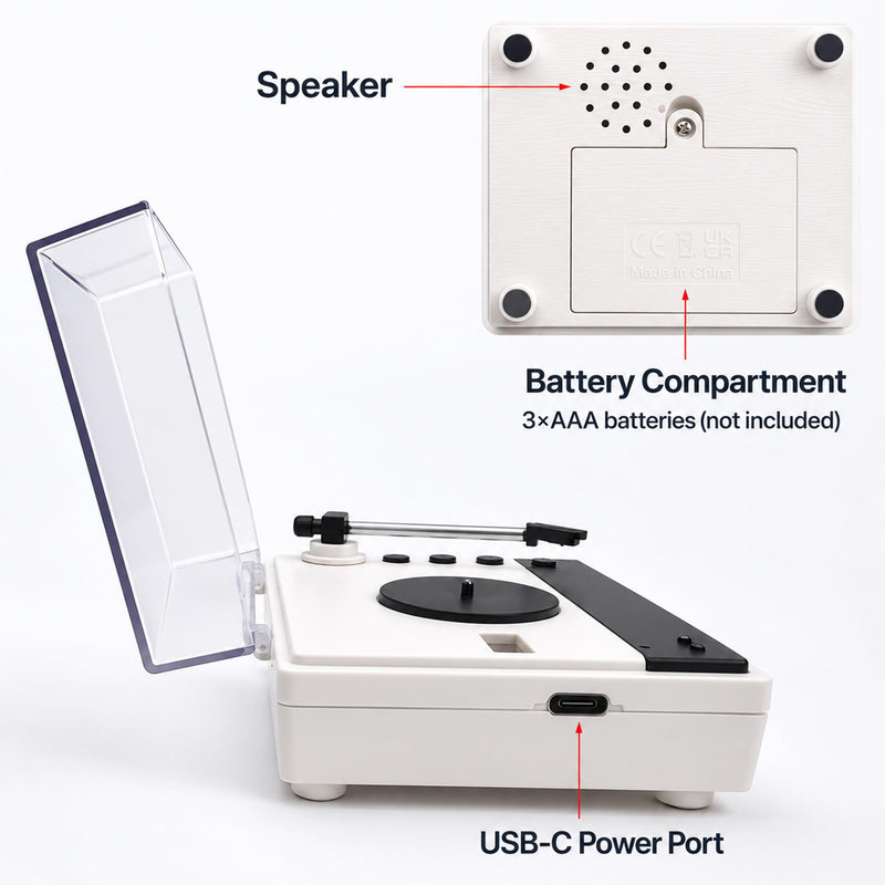 Mini Record Player with Voice Recording, 4 Discs, Auto-Spinning Desk Decor | Includes 3 music discs and 1 blank disc. All 4 discs record. Recording over music erases it permanently. Black