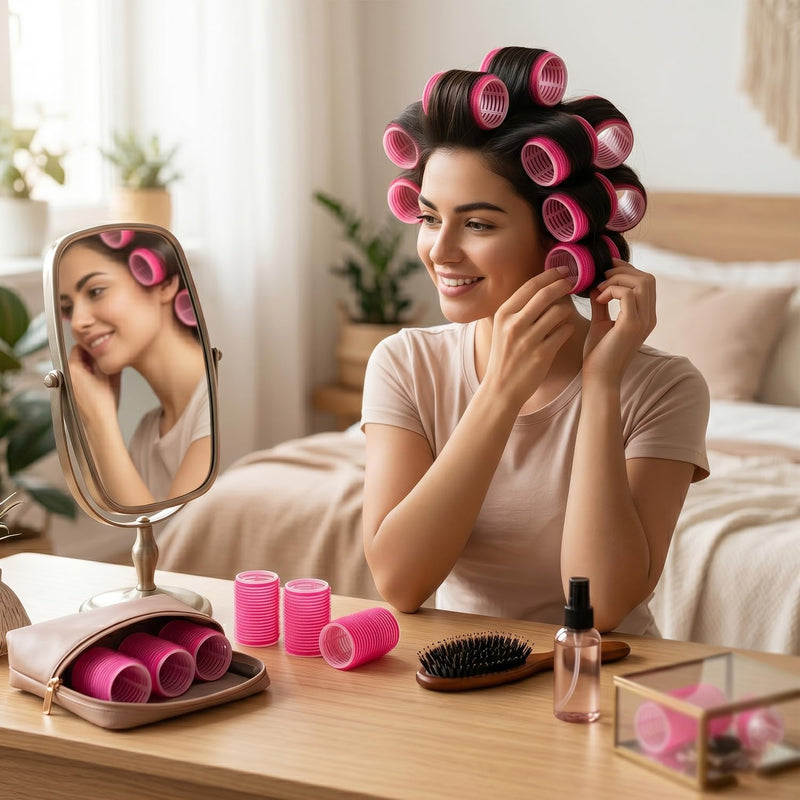 15 Pcs Nylon Hair Rollers, Rose Red Self-Grip Curlers, 4.4cm Diameter Styling Tools for Waves and Curls, Salon DIY Hairdressing Accessories