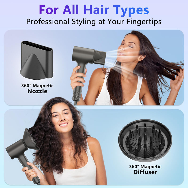 TQQ Hair Dryer with Diffuser, 200 Million Negative Ionic Hairdryer, 110, 000 RPM High Speed Brushless Motor Blow Dryer for 2min Fast Drying, 57dB Low Noise Travel Hairdryers for Women and Men Grey