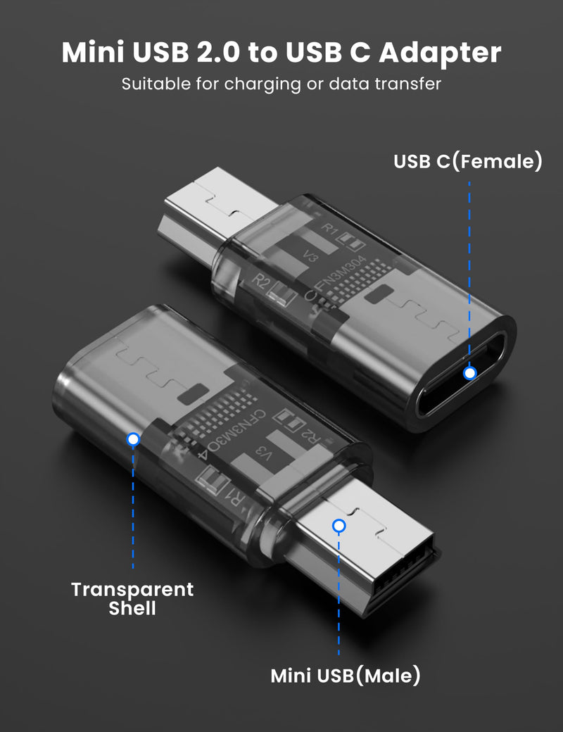 Fidioto Blackened USB-C to Mini USB Adapter，(8-Pack) Type C Female to Mini USB 2.0 Male Converter Support Charge & Data Sync for GPS Receiver/Digital Camera/Dash Cam/MP3 Player etc 8 PCS