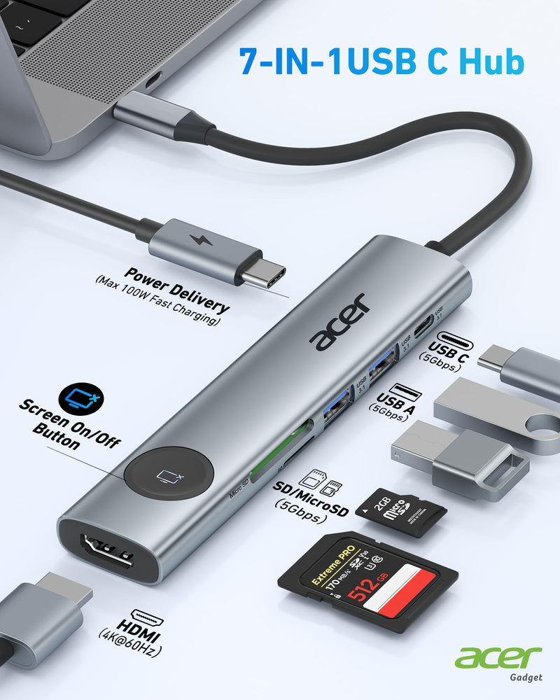 Acer 4K@60Hz USB C Hub, 7 in 1 USB C to HDMI Splitter with USB-A 3.1 & Type-C Data Port, 100W PD & SD Card Reader, USB-C to HDMI Adapter for iPad Pro MacBook Pro Acer Laptops & Other Type C Devices Grey