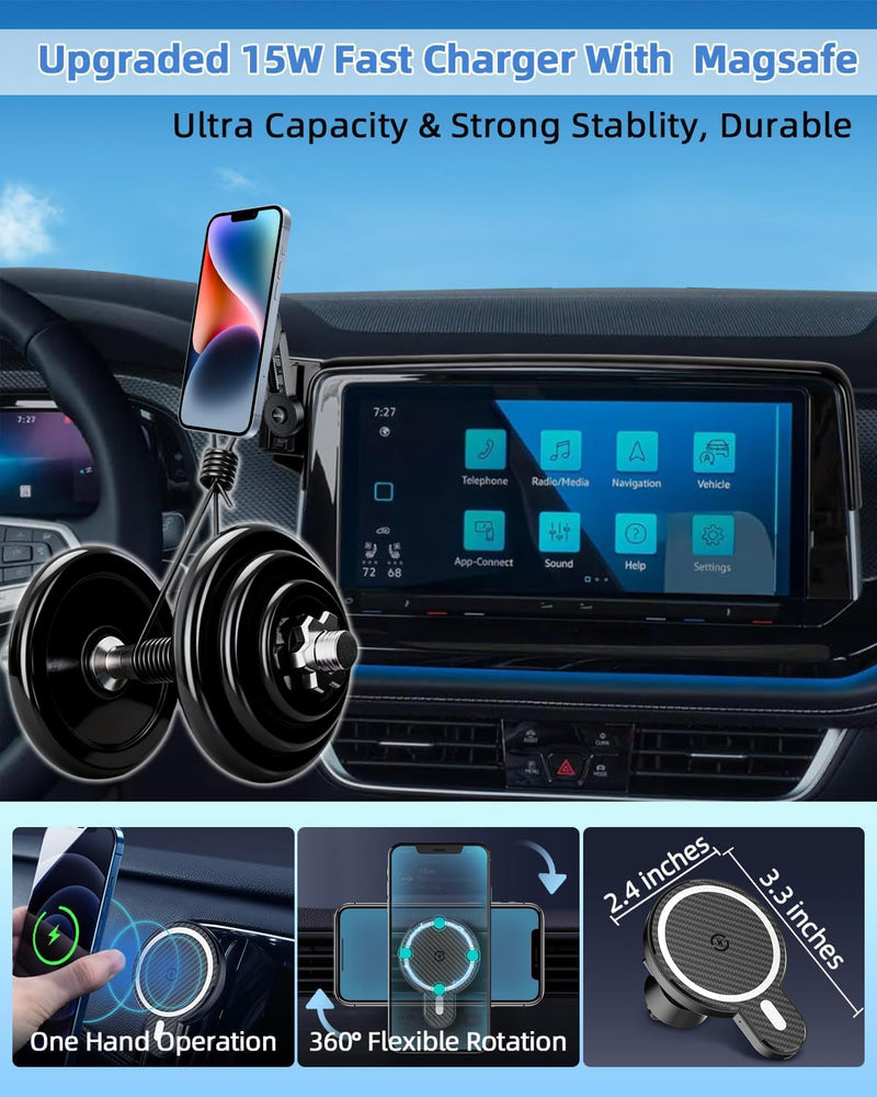 PZK Car Phone Mount for 2024-2026 VW/Volkswagen Atlas/Altas Cross Sport | SE/SEL/Premium R-Line /R-Line 12-inch Screen Magnetic 15W Fast Wireless Charger Phone Holder 360° Rotating Extension Rod With Extension Rod Magsafe+ Wireless Charger