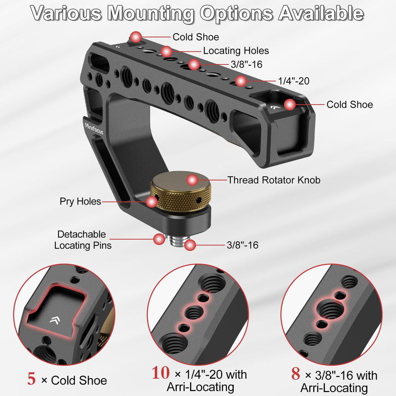 Top Handle with 3/8"-16 Locating Pins, Universal Camera Handgrip with 5 Cold Shoe Mount for Microphone, LED Light, Monitor, 1/4", 3/8" Threaded Holes with Locating Pins for ARRI Grip w 3/8"-16 Locating Pins