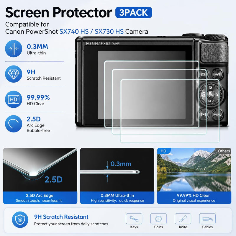 [3-Pack] Screen Protector for Canon PowerShot SX740 HS SX730 HS Camera | Canon SX740/PowerShot SX740 HS Screen Protector With 9H Tempered Glass, HD Clarity, 2.5D Edges, And 3-pack Value Set
